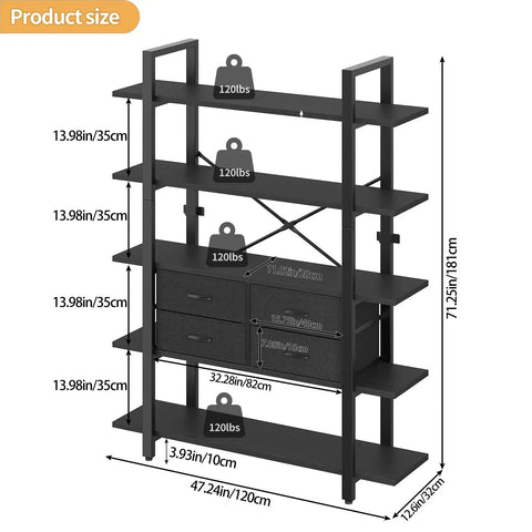 Diagram of Sturdy 5 Tier Industrial Bookshelf With Four Drawers Built Like A Tank Tall Rustic Storage Shelf dimensions and weight capacity.