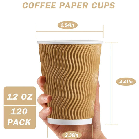 Person holding No Sleeve Needed 12 Oz Ripple Wall Corrugated Insulated Paper Cup with Anti Scald Grip for Hot or Cold Drinks Great for Office Cafe Party or Travel 120 Pack