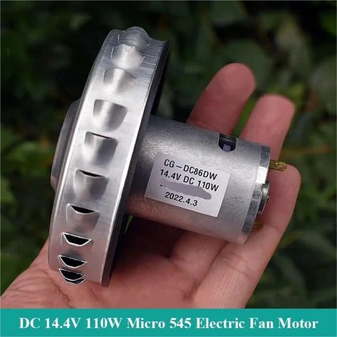 Top Tier Rs 545 High Power Electric Fan Motor Featuring A Reliable Ball Bearing Design Delivers Knockout Performance On Dc 10.8 Or 14.4 Volt Systems For Industrial And Pneumatic Applications Built To Handle The Daily Grind Smooth. Close-up view of a 110W electric fan motor in hand.