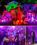 2 Pack 120W LED Black Light Flood Light With Plug And Switch IP66 Waterproof Outdoor Spotlight illuminating Halloween party with neon glow