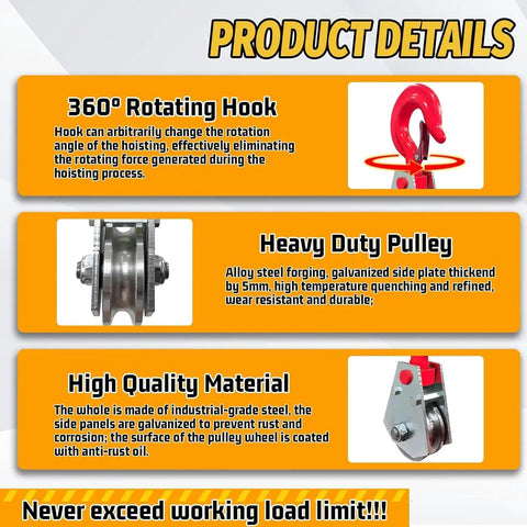 Heavy Duty Snatch Block With Hook For 1/2 To 5/8 Inch Wire Rope 3 Ton Winch Pulley For Tow Trucks Rollback Haulers Durable Galvanized Steel Rigging Accessory For Safer Lifts, side view