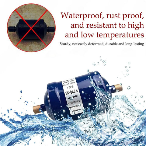 Heavy Duty 3/8 Liquid Line Filter Dryer Steel Sweat Flow Refrigerant Drier For Heat Pumps And Ac Systems R22 R134a Compatible seen in water, waterproof and rust-proof.