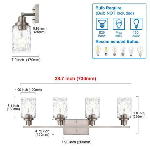 4 Light Brushed Nickel Wall Light Fixtures With Clear Hammered Glass Shade dimensions and bulb info