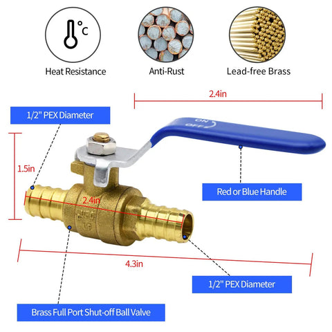 Load Up This Four Pack Of One Half Inch Pex Brass Full Port Shut Off Ball Valves Featuring Two Red Hot And Two Blue Cold Units That Deliver Hardcore Longevity And No Sweat Flow Control For This Rig Or House Plumbing Gig You Are Running, showcasing 1/2 inch brass valve size and features.