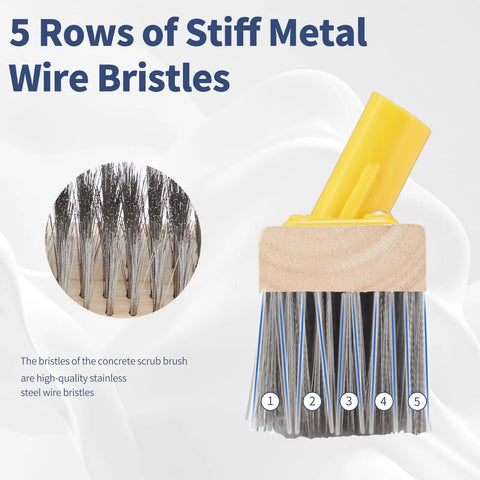 Close-up of stainless steel wire bristles on deck scrub brush head, highlighting 5 rows for heavy-duty cleaning.