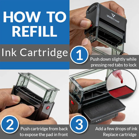 How to refill ink cartridge for Copy By Date Self Inking Rubber Stamp featuring slick red ink flow and transparent bottom.