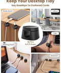 360 Degree Magnetic Cable Clips For Desk And Car shown organizing cords on various surfaces in office, car, and bedroom settings.