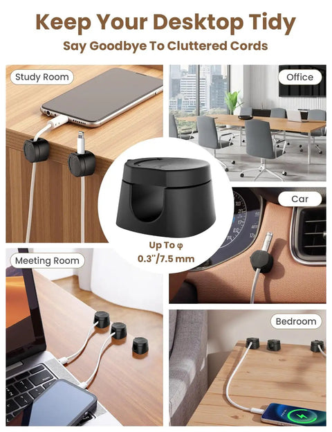 360 Degree Magnetic Cable Clips For Desk And Car shown organizing cords on various surfaces in office, car, and bedroom settings.