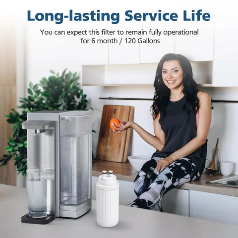 Two Pack Replacement Water Filters For Hub Countertop Water Filter System shown with woman in kitchen, 120 gallons lifespan