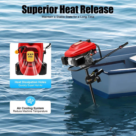 Four-Stroke 7.5HP Gas Outboard Motor With Forced Air Cooling mounted on a boat, showcasing heat dissipation system.