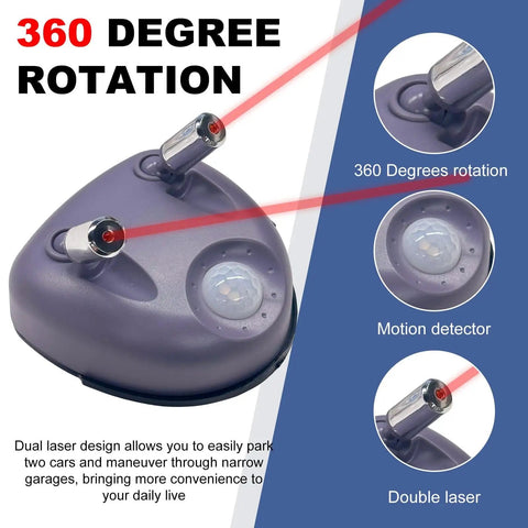 Laser Parking Guide Sensor With 360 Degree Adjustable Wide Angles Garage Parking Aid Kit Includes AC Adapter For Easy Park Like A Pro And Car Stop Indicator In Automotive, showing dual laser rotatable heads and motion detector.