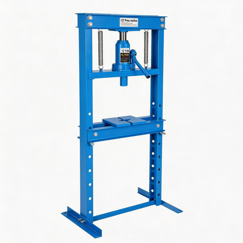 Beefy 12 Ton Hydraulic Shop Press With Sturdy H Frame And Movable Plate System, 5 Hole Adjustable Base For Bearing Bending Straightening And Forming, Floor Press In Blue.