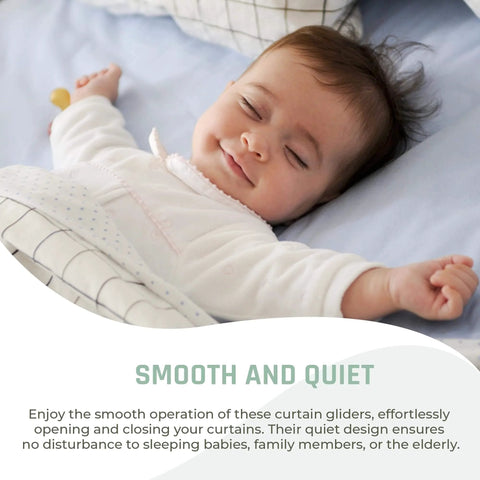 Sleeping baby on bed illustrating the quiet, smooth glide operation of Heavy Duty Ceiling Curtain Track Rollers Pack Of 50.