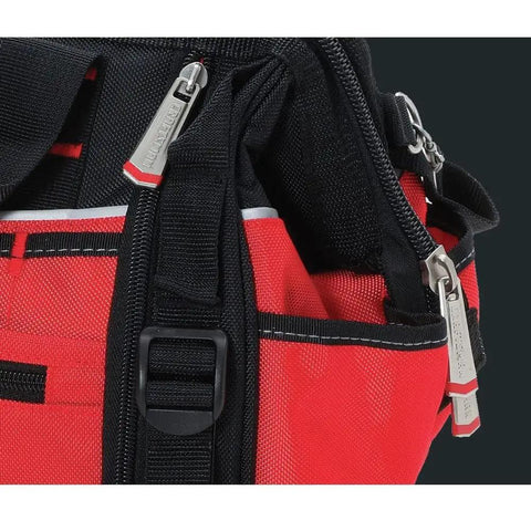 Close-up of VersaStack Zippered Tool Bag with 31 Pocket Organizer, showing durable 1680 denier fabric and dual zippers.