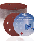 9 Inch 6 Hole Sanding Discs For Drywall Sander With Hook And Loop Backing, showing stack and single disc, 15 pcs set