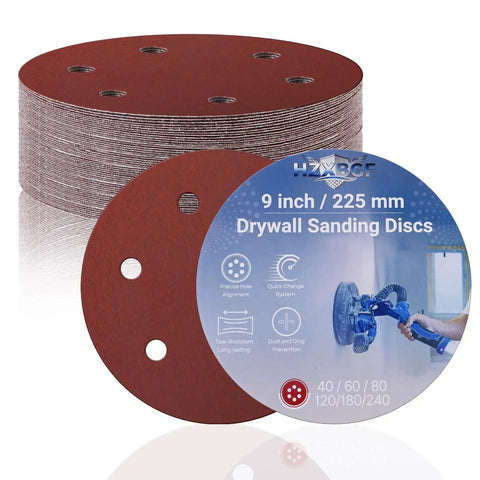 9 Inch 6 Hole Sanding Discs For Drywall Sander With Hook And Loop Backing, showing stack and single disc, 15 pcs set