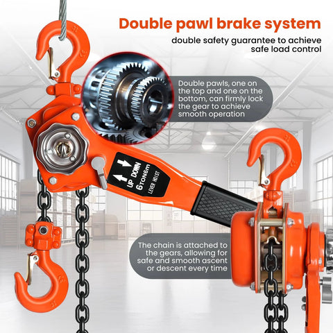 6 Ton Manual Lever Chain Hoist With 20 Ft Lift Height Heavy Duty Come Along Winch featuring dual pawl brake system