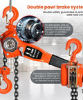 Heavy Duty Manual Lever Hoist With 20ft G80 Chain Swivels Smoothly, showing double pawl brake system for safe load control.