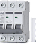 Three Pole DIN Rail Mount Circuit Breaker 20 Amp 480V AC Miniature Breaker With Thermal Magnetic Trip visible with mounting bracket