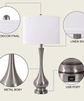 Close-up features of a Pair Of Lit Touch Table Lamps For Bedroom And Living Room, Silver Metal Base With Fabric Shade, USB Port, 30 Inch Tall Nightstand End Table Lamps, Set Of 2, Modern Home Decor.
