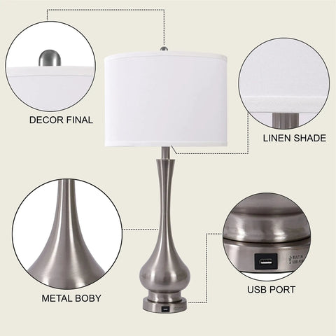 Close-up features of a Pair Of Lit Touch Table Lamps For Bedroom And Living Room, Silver Metal Base With Fabric Shade, USB Port, 30 Inch Tall Nightstand End Table Lamps, Set Of 2, Modern Home Decor.
