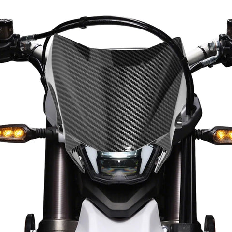 Ultra Bee Headlight Cover With Dope Carbon Fiber Look Fender Mud Guard For Electric Dirt Bike installed on bike