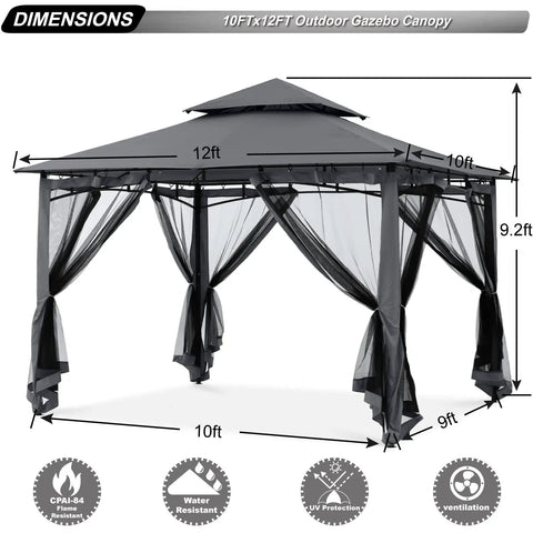 Sturdy 10x12 Patio Gazebo with Outdoor Steel Frame and Mosquito Netting for Lawn, Backyard, Garden or Deck, Dark Gray Shelter