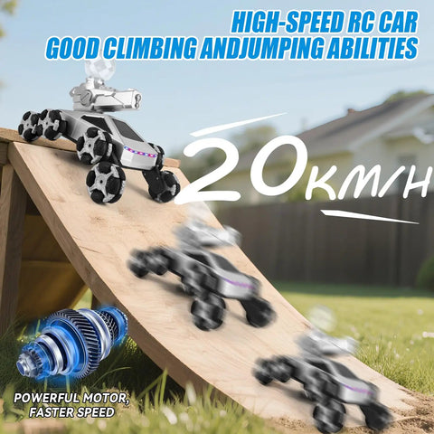 All Terrain One Sixteenth Scale Remote Control Car For Kids And Teens Eight Wheel Stunt Monster Truck Toy RC Car for Boys showcasing speed on ramp