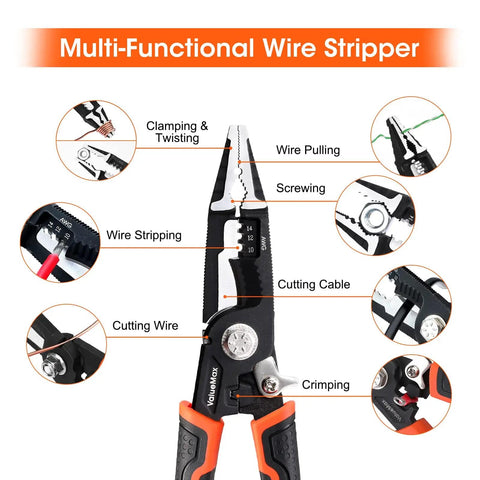 6 In 1 Wire Stripper And Crimping Tool with 8.5 Inch CR-V Steel showing functions like wire stripping, crimping, and cutting.