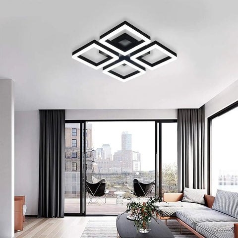 Dope Modern 4 Panel Aluminum Frame LED Ceiling Light Fixtures 52W Flush Mount For Living Room Bedroom Kitchen Cool White 6000K Matte Black Finish
