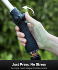 Hand gripping Heavy-Duty 16-Inch Garden Hose Wand With 9 Spray Patterns, showing thumb control for easy watering.