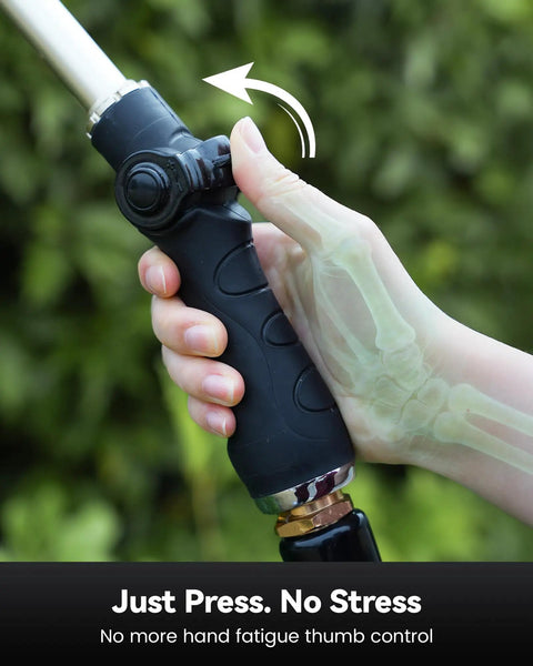 Hand gripping Heavy-Duty 16-Inch Garden Hose Wand With 9 Spray Patterns, showing thumb control for easy watering.