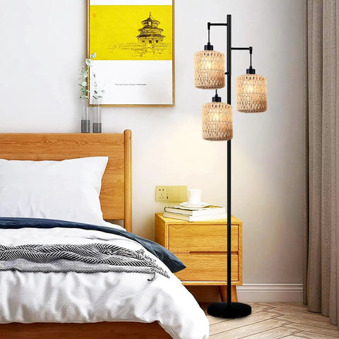 Boho Bamboo Floor Lamp With Remote Dimmer And Dimmable Bulb Warm Cozy Glow For Living Room Or Bedroom in modern bedroom setting