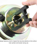 Road Ready Brake Booster Adjustment Tool With Magnetic Aluminum Push Rod Length Gauge measuring master cylinder with magnetic base.