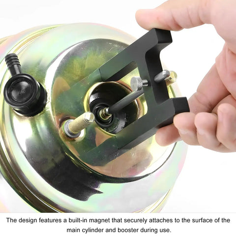 Road Ready Brake Booster Adjustment Tool With Magnetic Aluminum Push Rod Length Gauge measuring master cylinder with magnetic base.