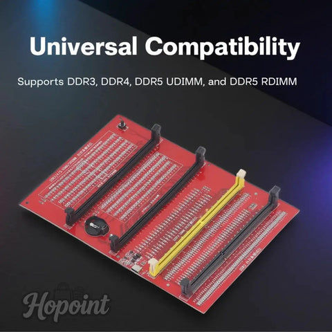 No Sweat 4 In 1 Pro Ram Diagnostic Tester Card For DDR3 DDR4 DDR5 UDIMM RDIMM motherboard slot with universal compatibility.