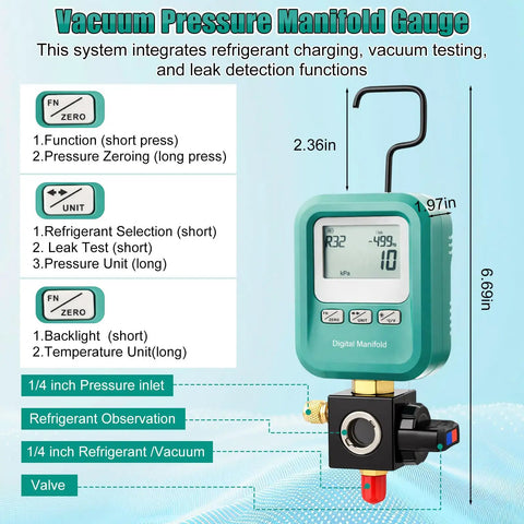 Digital Manifold HVAC Gauge Kit With Four Piece Pro Grade For Quick Pressure Readouts And Refrigerant Charging Vacuum Test Micrometer Accuracy Quarter Inch To Five Sixteenth Inch Port Accessories Valve Core Remover And Installer SAE And T Connector.