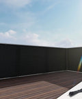 Three Feet By Twelve Feet Balcony Privacy Fence Screen Cover With Zip Ties installed on a wooden deck with clear blue sky