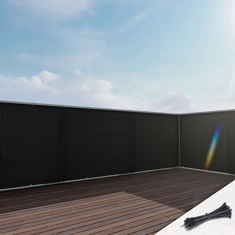 Three Feet By Twelve Feet Balcony Privacy Fence Screen Cover With Zip Ties installed on a wooden deck with clear blue sky