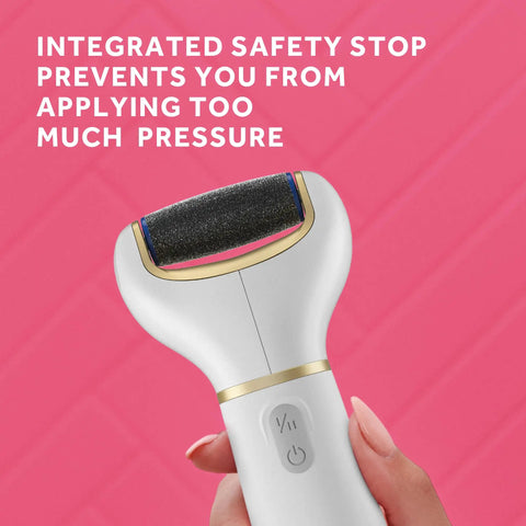 Electric Callus Remover Foot File With Diamond Crystals, showing safety stop feature, held in hand on pink background