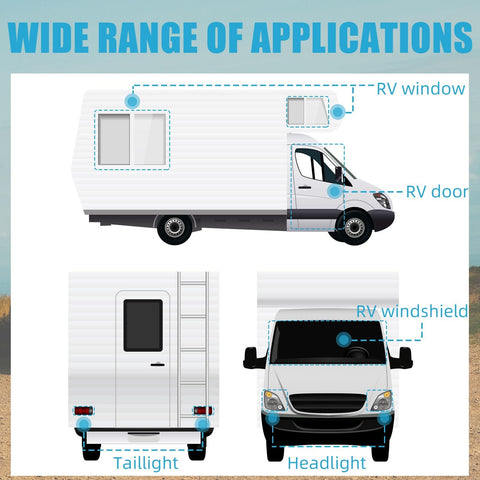Illustration of butyl sealant tape 13Ft for cars, trucks, RVs, and marine use on RV windows, doors, windshields, headlights.