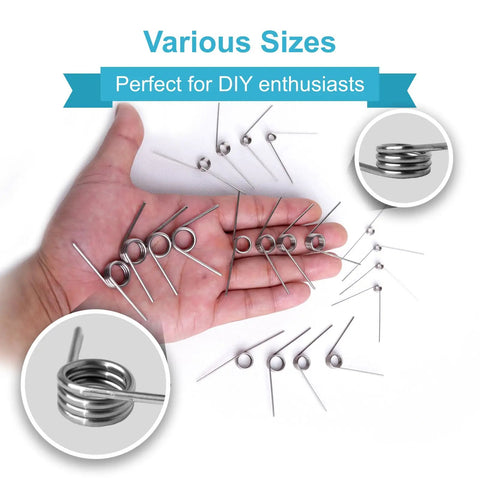 Hand holding 80 Piece Torsion Spring Assortment Kit Featuring 20 Sizes And 60 90 120 180 Degree Small Stainless Steel Torsion Springs