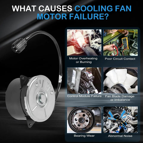 Heavy Duty Radiator Cooling Fan Motor Slick Direct Swap For Toyota Highlander And Lexus Rx400h 3.3 Liter OE 16363-75030 showing failure causes.