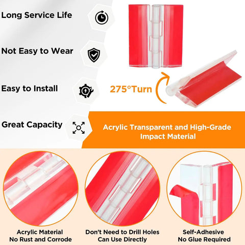No Drill Needed Easy Peel And Stick Setup Smooth Swinging Clear Acrylic Hinges For Cabinet Repairs And Craft Projects Solid Grip All Day Long Real Good Deal close-up of red and clear acrylic hinges showing 275° turn feature and easy installation.