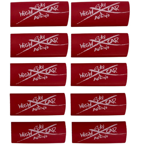 Heavy Duty Red Heat Shrink Tubing 1/2 Inch Polyolefin Wire Sleeve Wraps Snugly Around 4 And 8 Gauge Cables For Car Audio Battery Power Wiring 10 Pack displayed in a grid format.