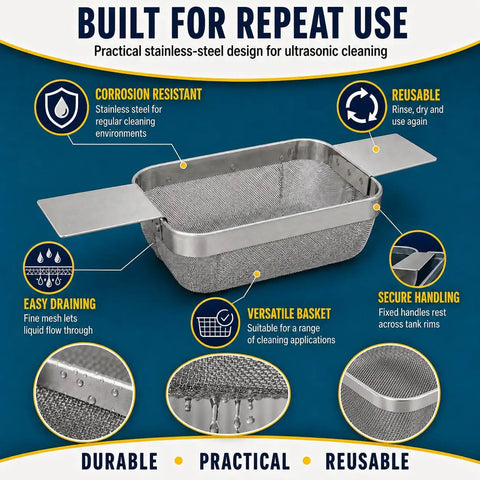 Hella Durable Stainless Steel Fine Mesh Ultrasonic Cleaner Basket, 5X4X3 Inch, designed for easy draining and secure handling.