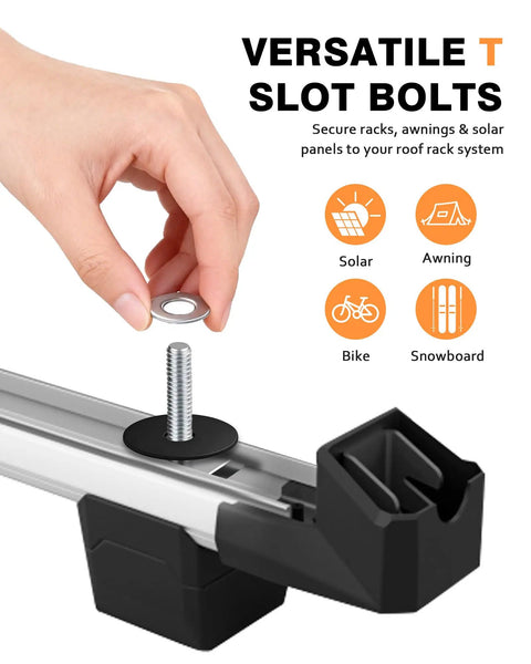 Hand securing Heavy Duty M8x30mm T Track Bolt Adapter Kit on roof rack cross bar for versatile gear attachment