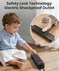 Child and cat interact with IPX6 Weatherproof Outdoor Power Strip With 3 Wide Outlets And 3 USB Ports, 6 Ft Cord, Wall Mountable.