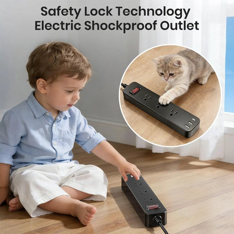 Child and cat interact with IPX6 Weatherproof Outdoor Power Strip With 3 Wide Outlets And 3 USB Ports, 6 Ft Cord, Wall Mountable.