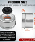 Two Pack Trailer Wheel Hub Dust Caps With Four Rubber Plugs And Grease Covers, Heavy Duty Carbon Steel, EZ Lube And Standard Axle Compatible, Fits 5200 To 6000 Pound Trailers, Tough All Weather Center Caps For Easy Maintenance, product size diagram